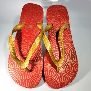 Havaianas Womens Flip Flops Thongs 6 US 37-38 Red Gold Shell Design
